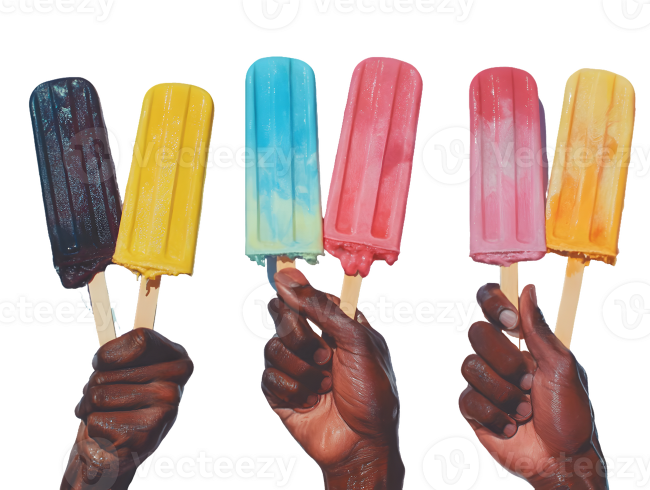 Two Hands Holding Five Multicolored Popsicles png