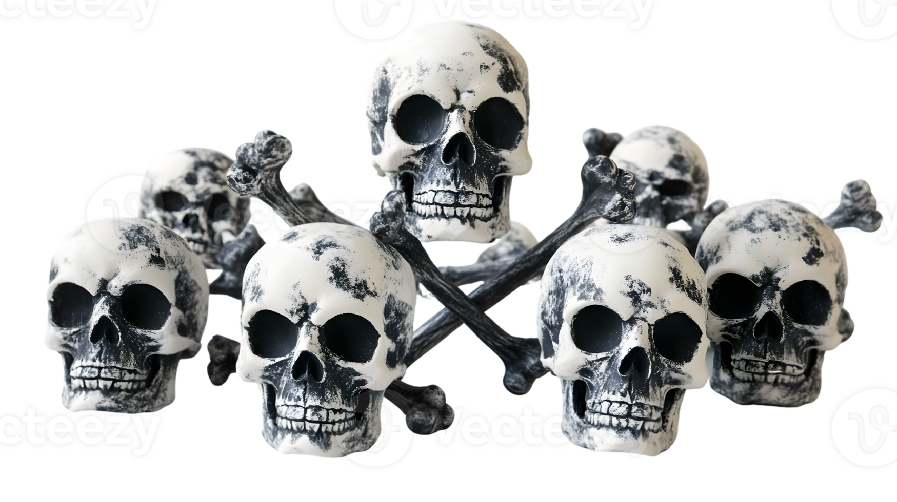 Arrangement of Seven Artificial Skulls and Crossed Bones png