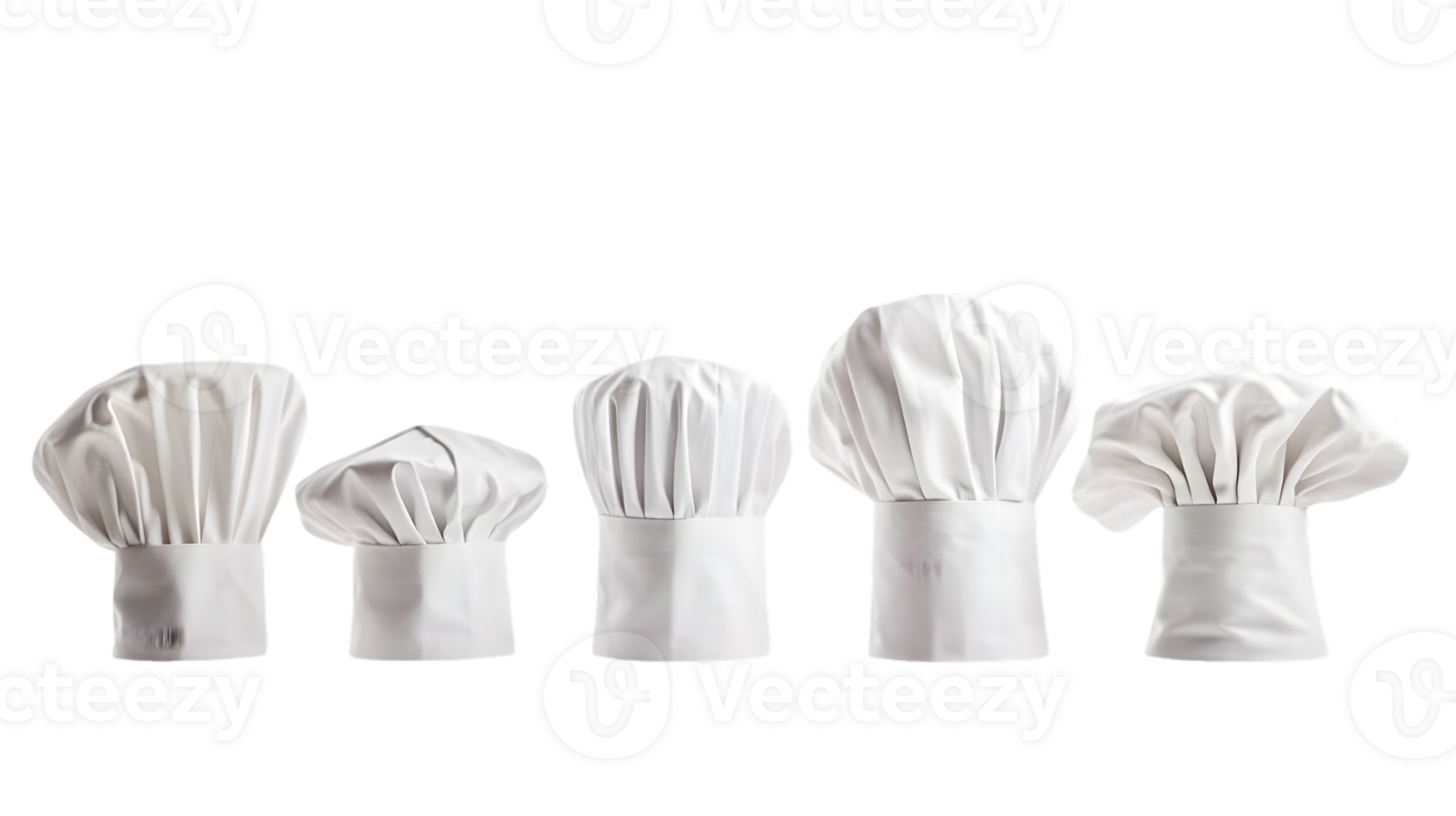 Five White Chef Hats of Varying Sizes png