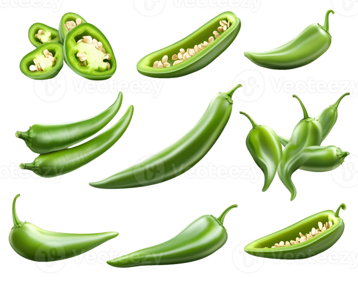 Assorted Green Jalapeno Peppers Whole, Halved, and Sliced Views png
