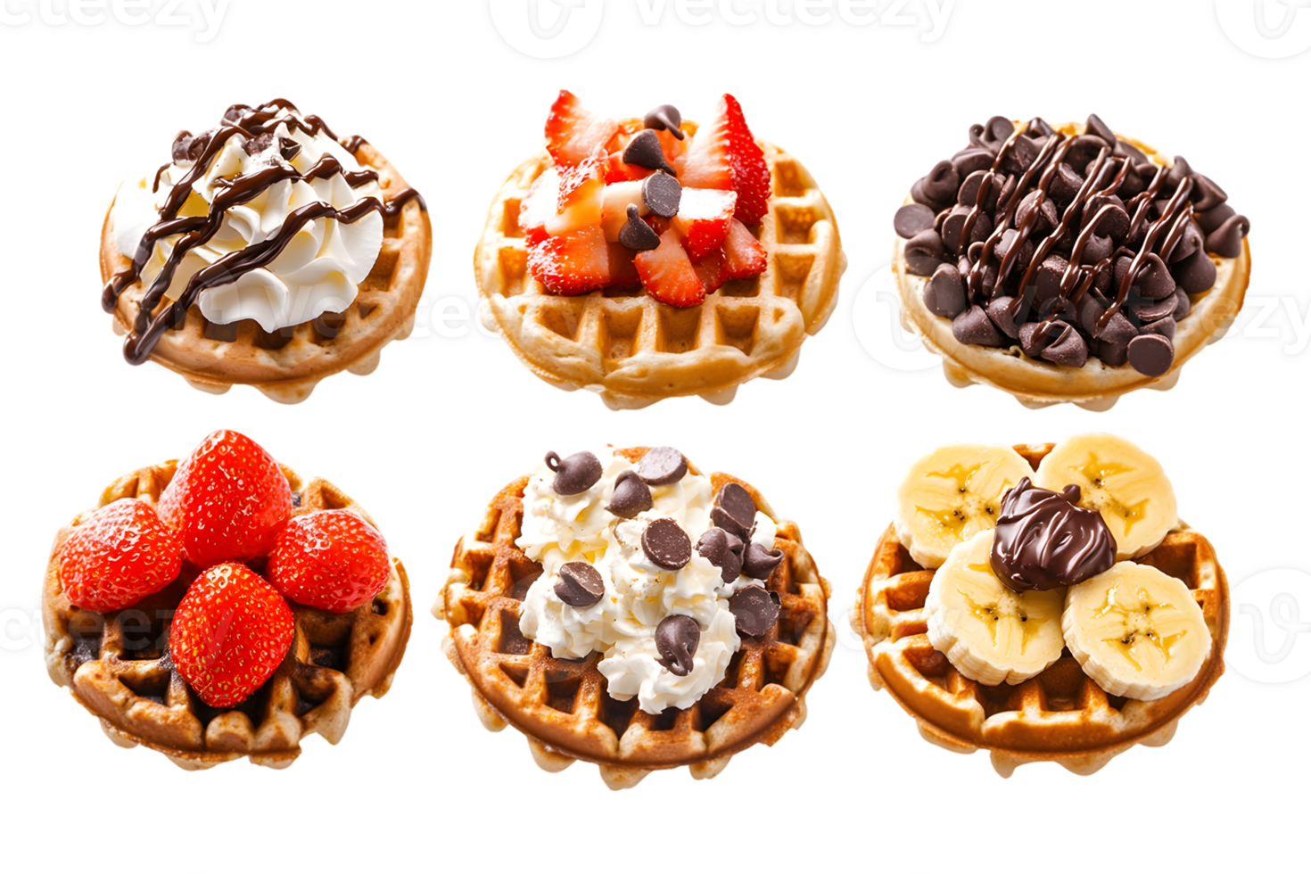 Six Assorted Mini Waffles with Various Toppings png