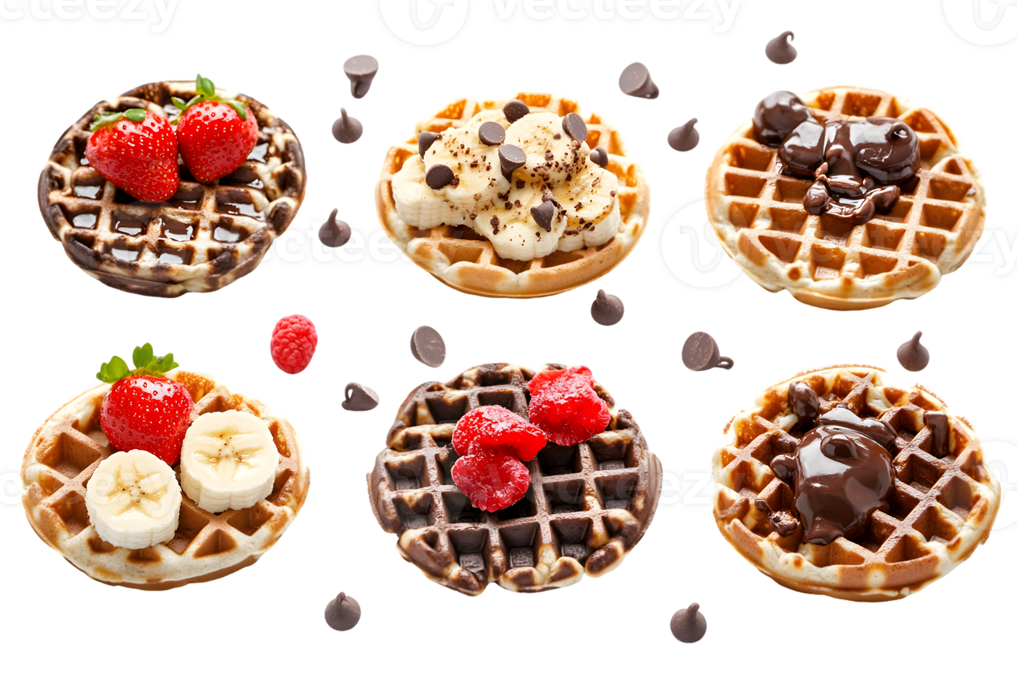 Six Mini Waffles with Various Toppings png