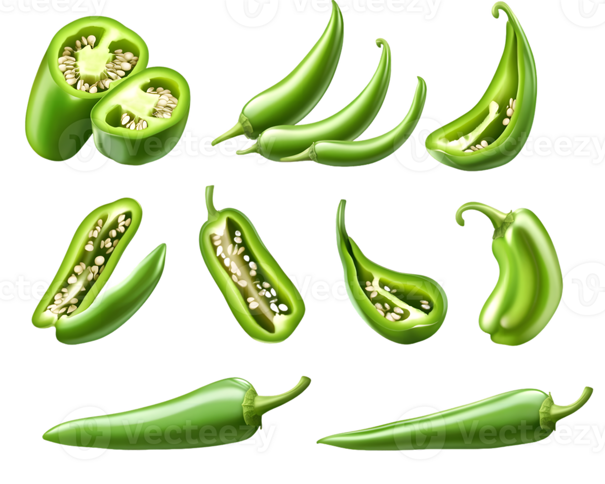Green Chili Pepper Variations Whole and Halved Specimens png