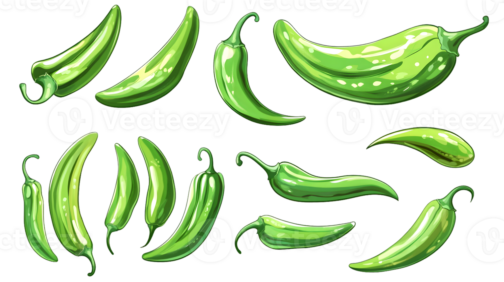 Collection of Green Chili Peppers Varying Shapes and Sizes png