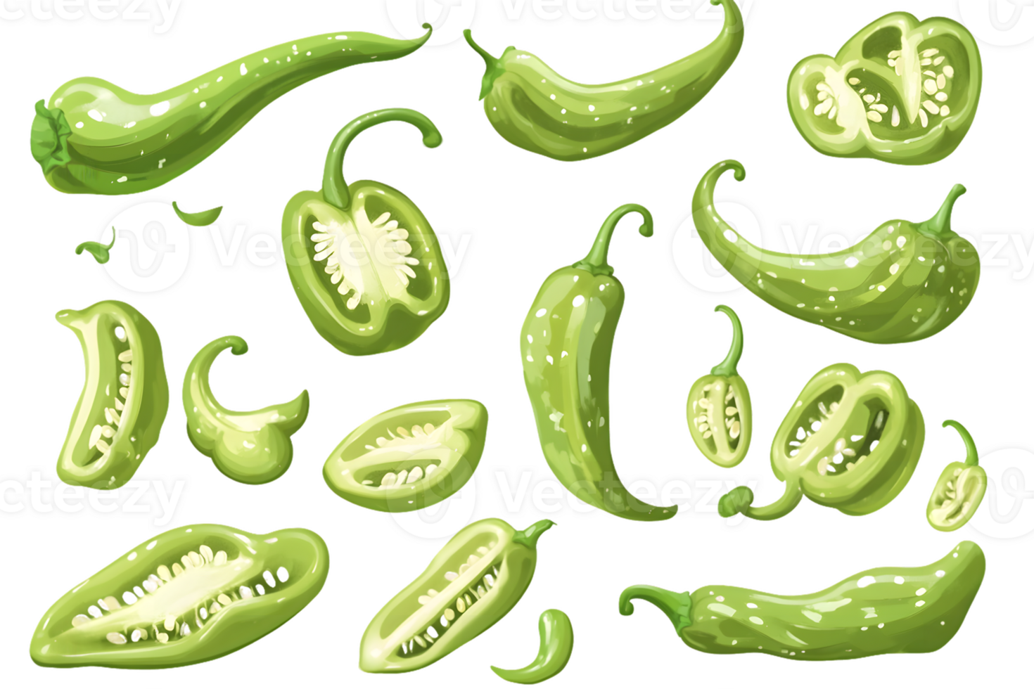 Collection of Green Chili Peppers Whole, Halved, and Segmented Views png
