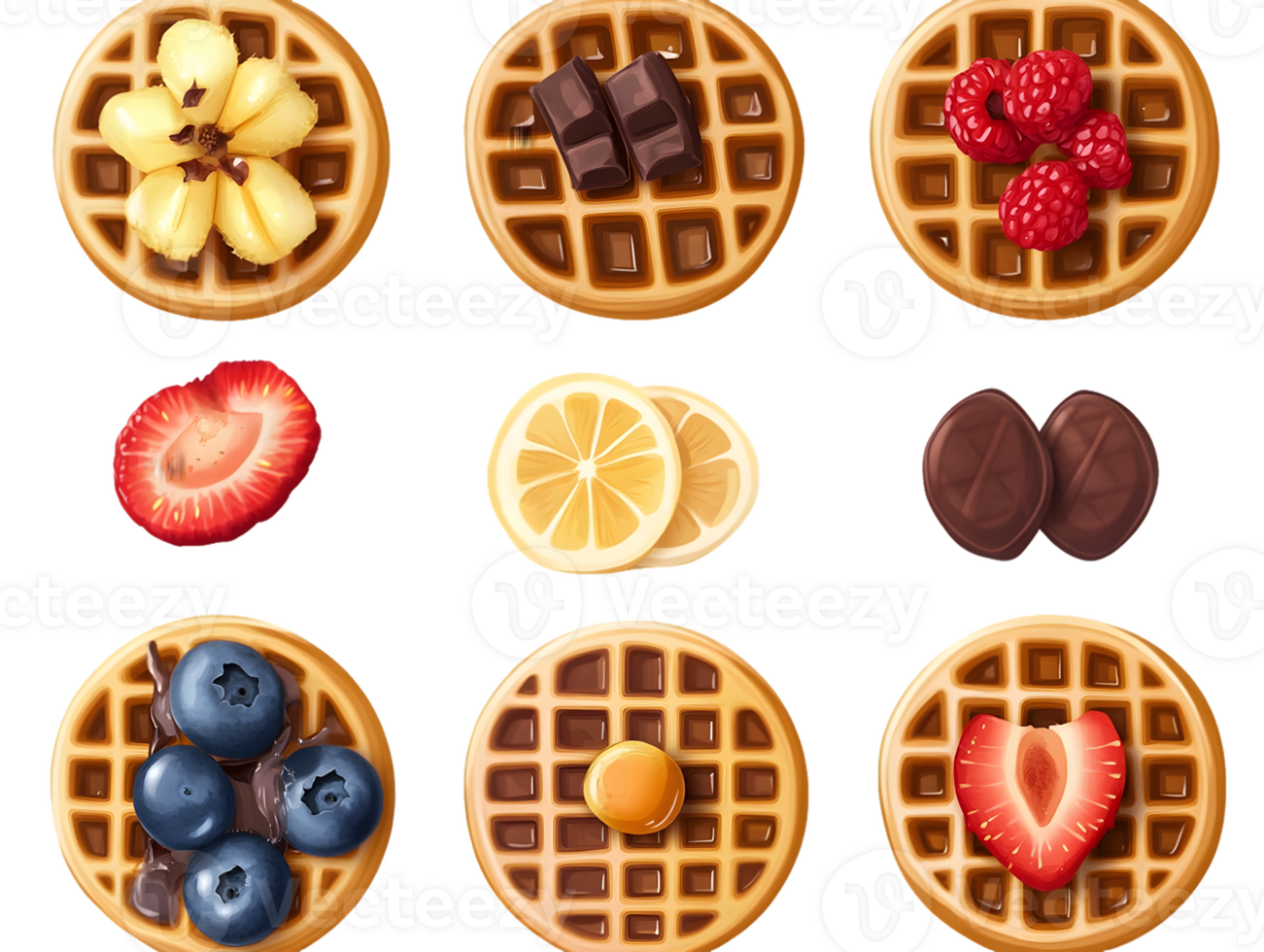 Assortment of Waffles with Fruit and Chocolate Toppings png