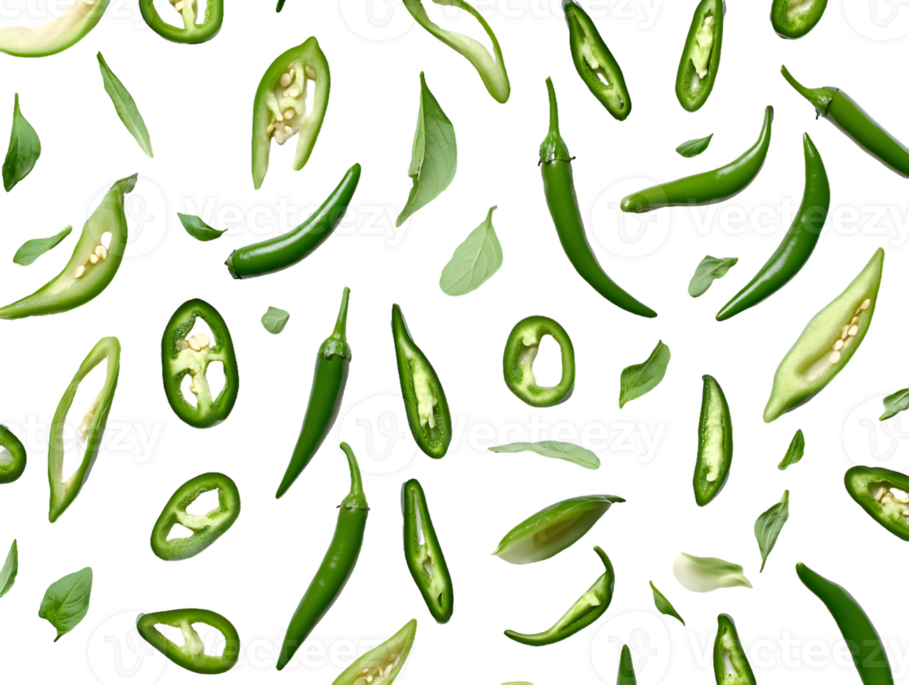 Green Chili Peppers and Basil Leaf Arrangement png