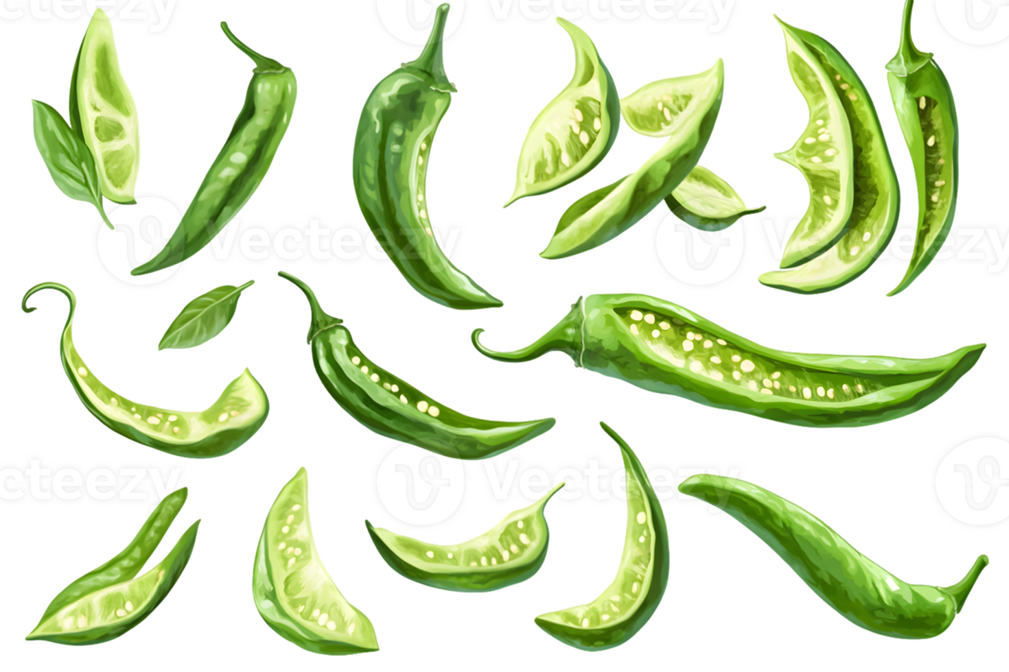 Green Chili Peppers Whole and Sliced png