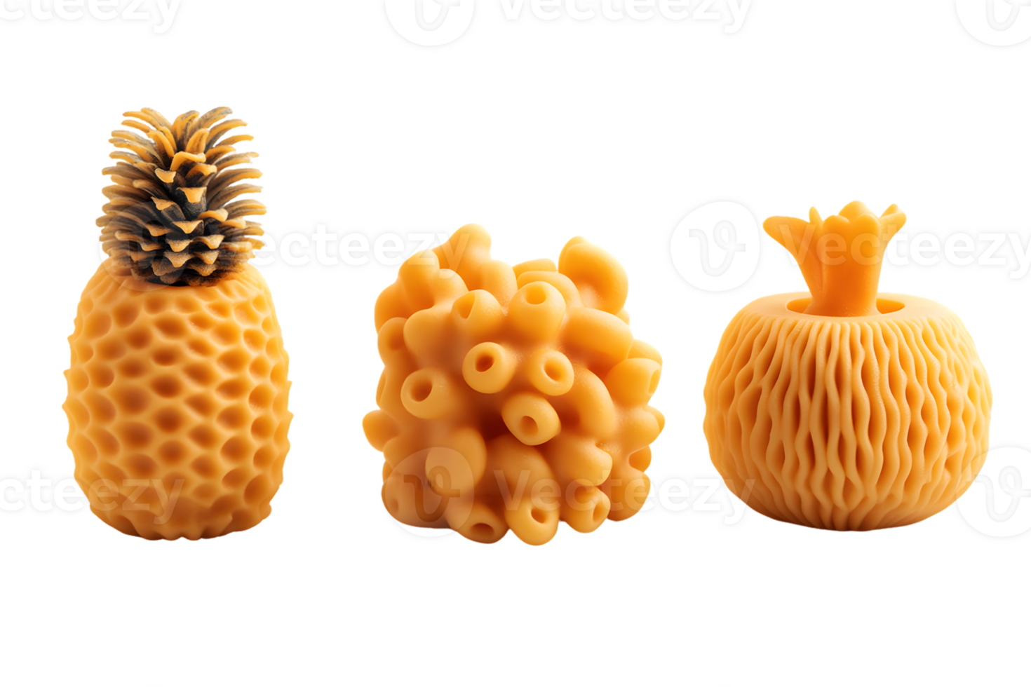 Three Wax Objects Pineapple, Coral, and Pomegranate Forms png