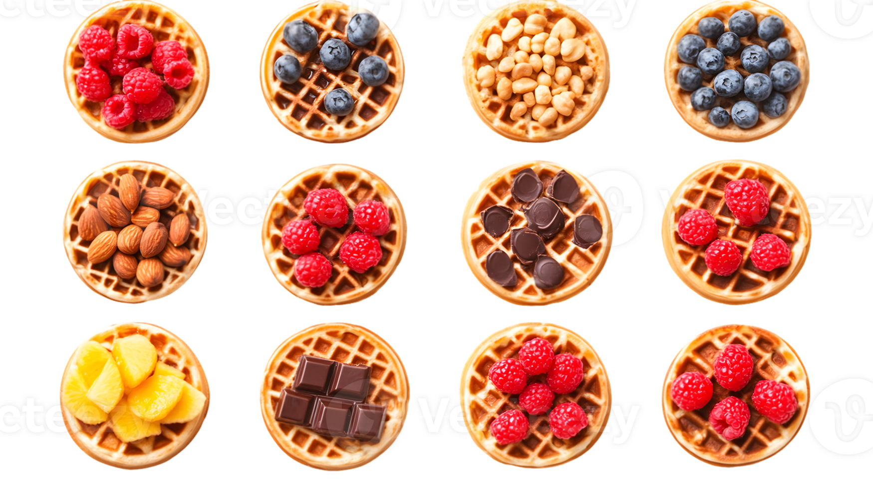 Twelve Mini Waffles with Various Toppings png