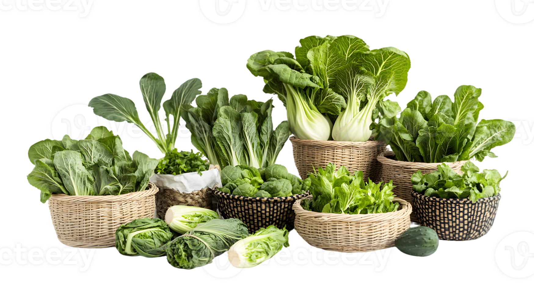 Collection of Leafy Green Vegetables in Wicker Baskets png