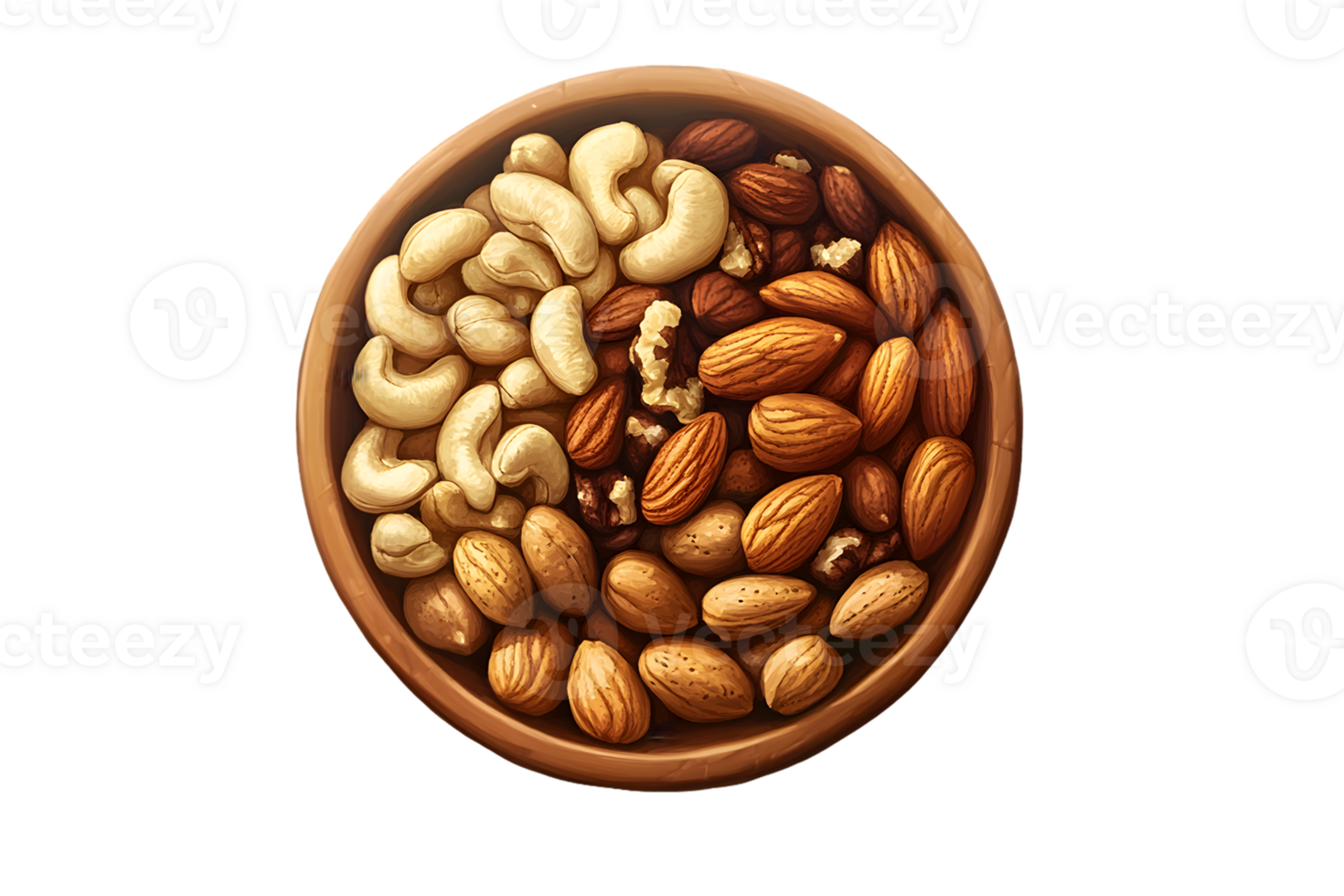 Cashews, Almonds, and Walnuts in Wooden Bowl png