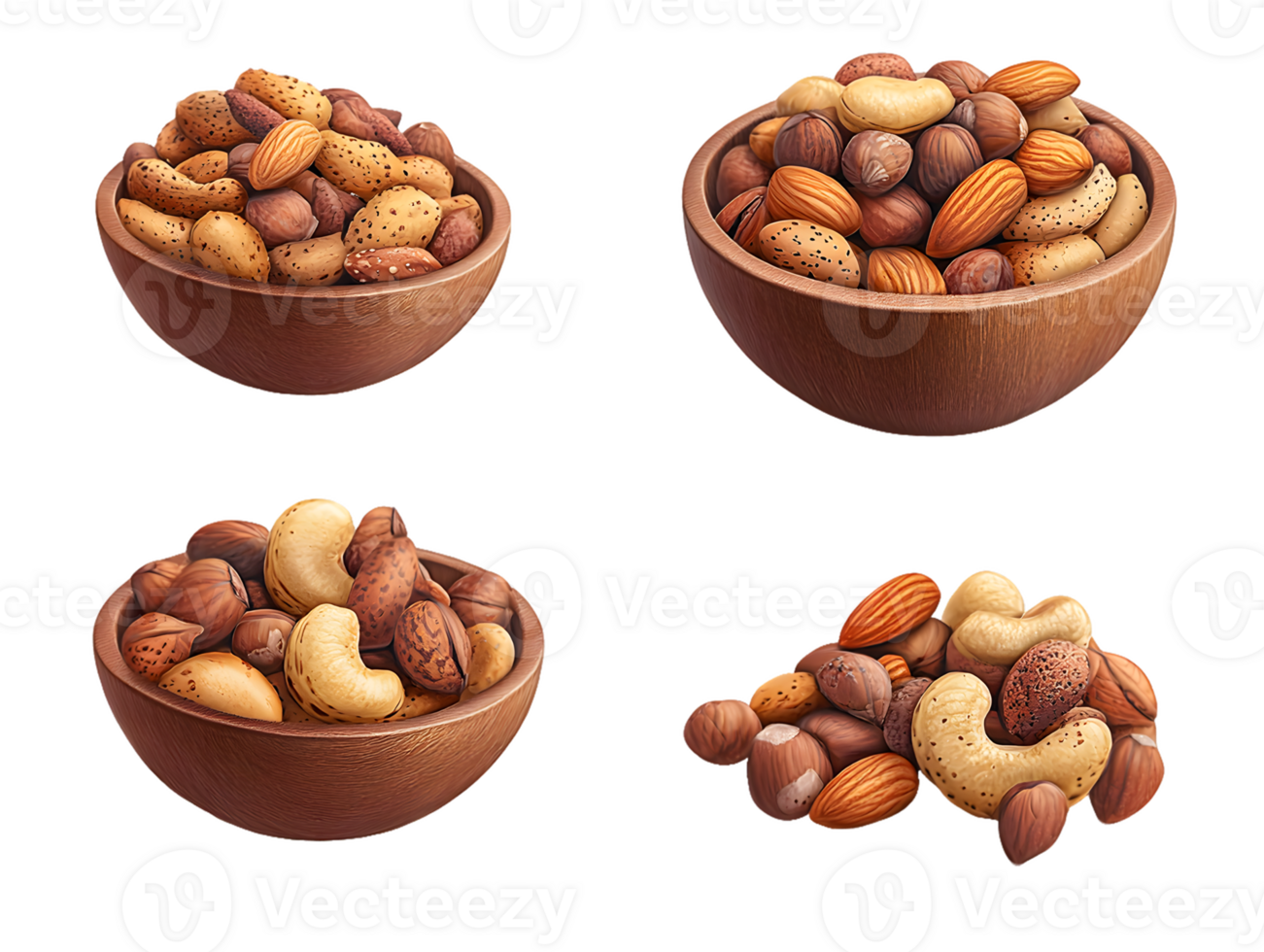 Assortment of Mixed Nuts in Wooden Bowls and a Pile png