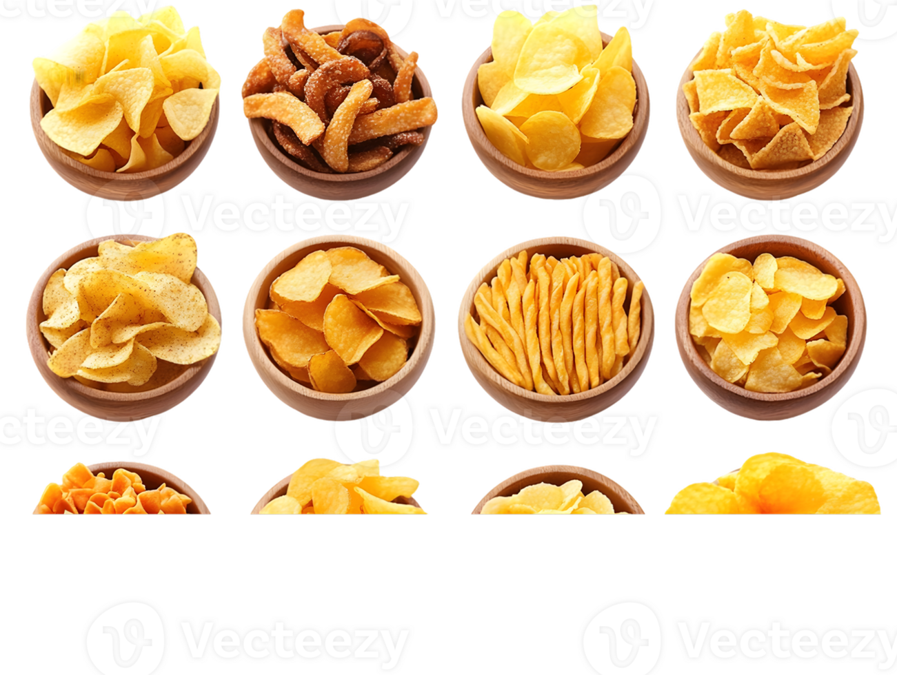 Assortment of Fried Snacks in Wooden Bowls png