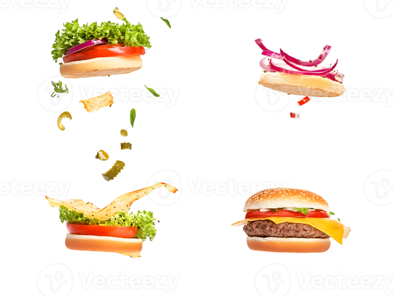 Exploded View of Hamburger Components and Assembled Hamburger png