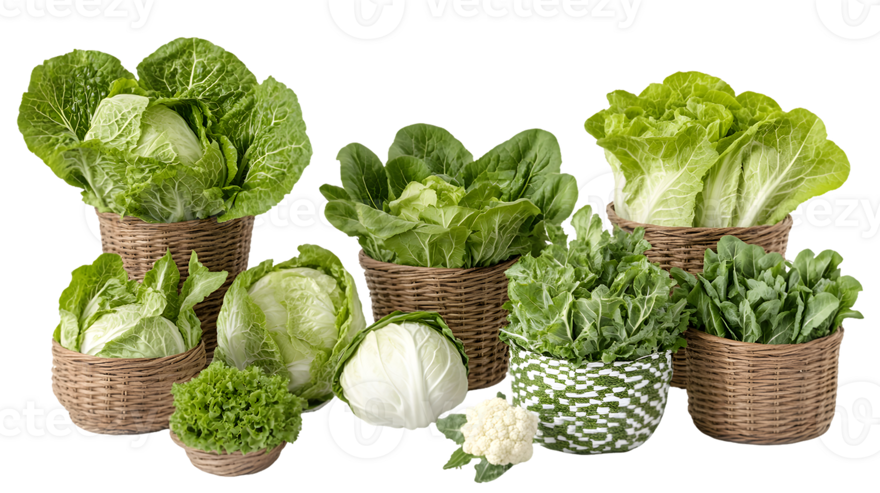 Collection of Leafy Greens and Cabbages in Baskets png