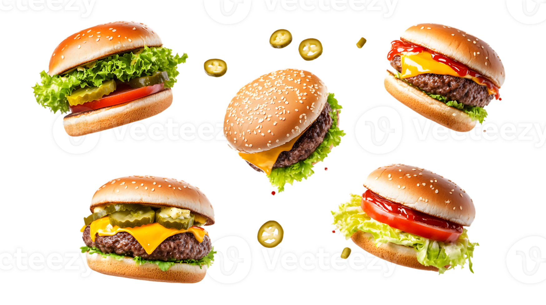 Five Cheeseburgers in Air with Jalapeno Slices png