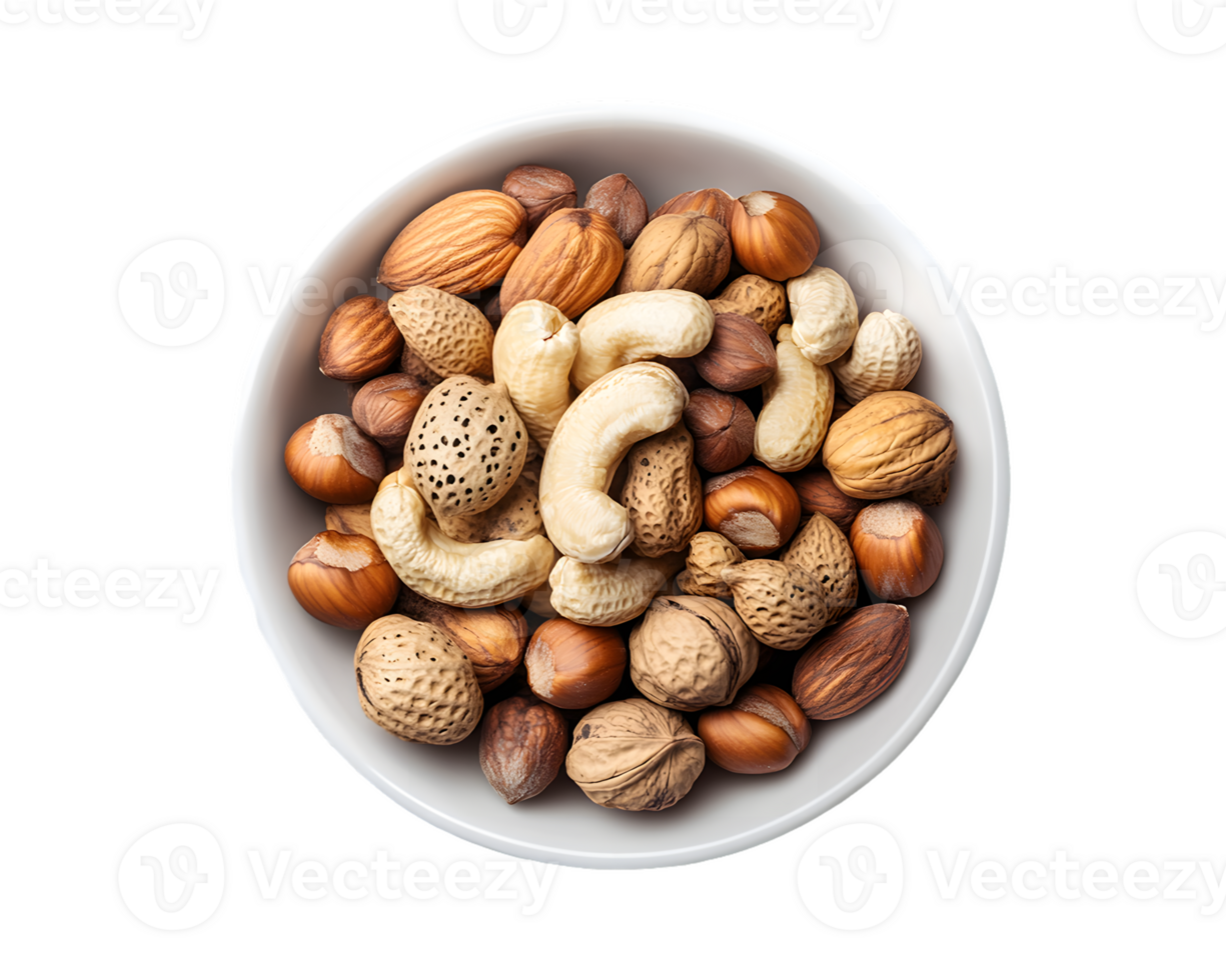 Mixed Nuts in White Bowl Overhead View png