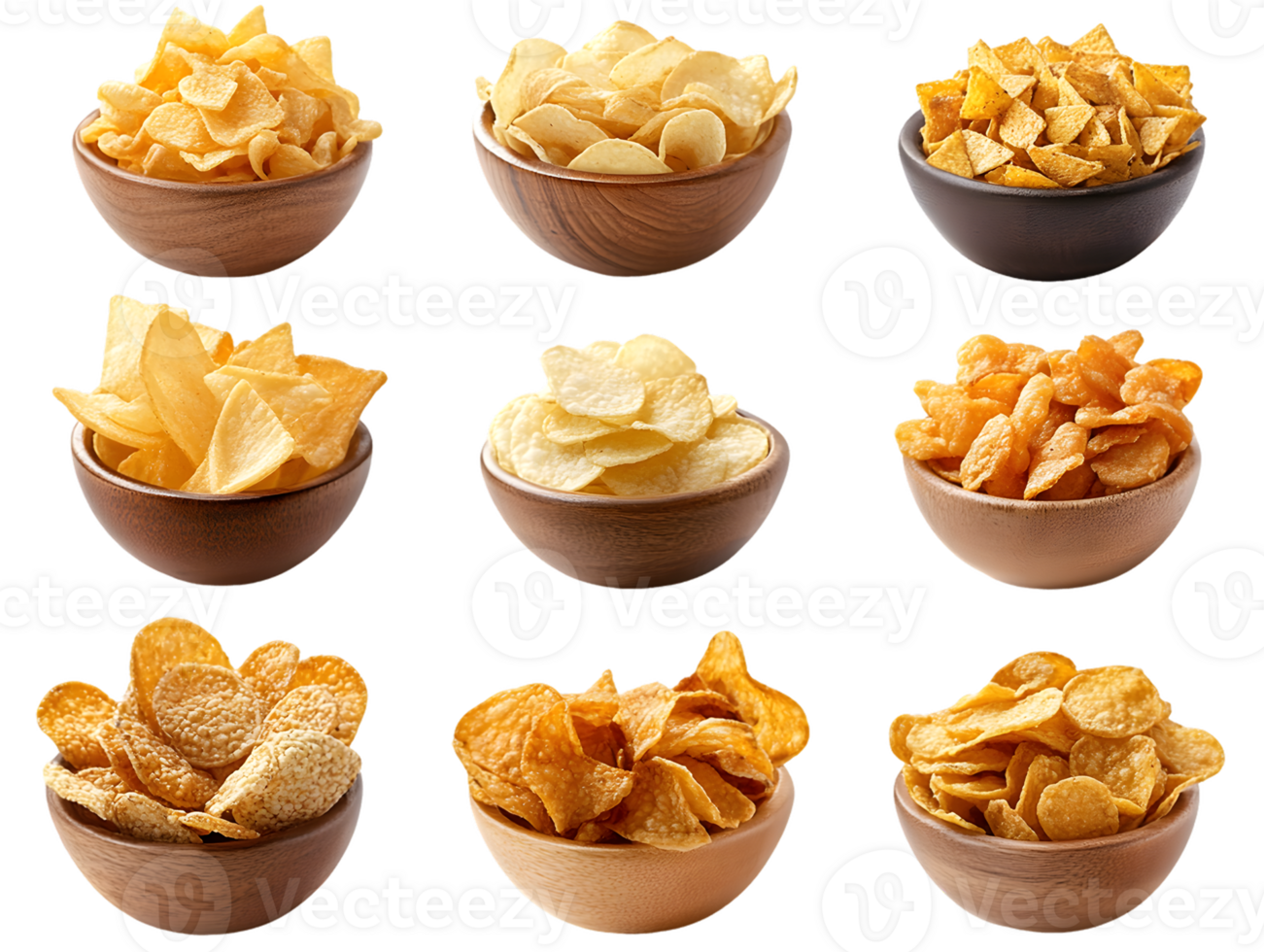 Nine Bowls of Assorted Chips png