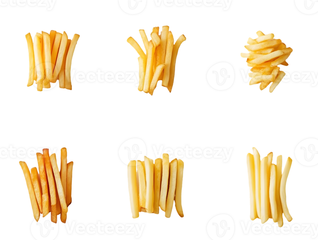 Six Portions of French Fries in Varied Arrangements png