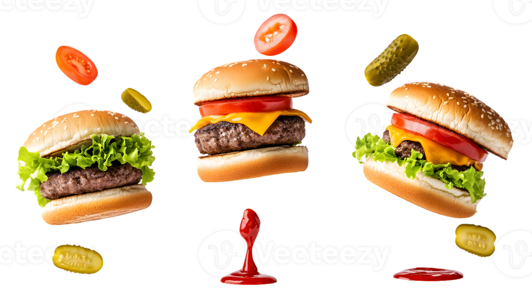 Three Cheeseburgers in Mid-Air with Condiments png