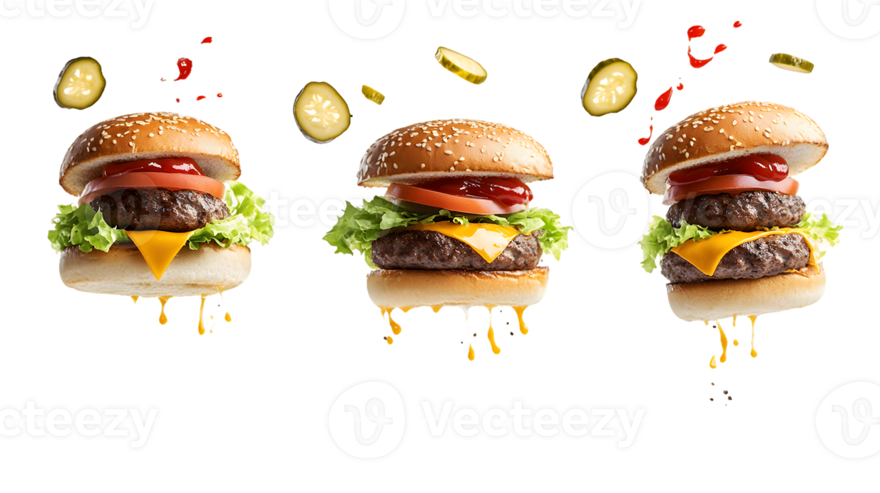 Three Cheeseburgers with Pickles and Ketchup Droplets png