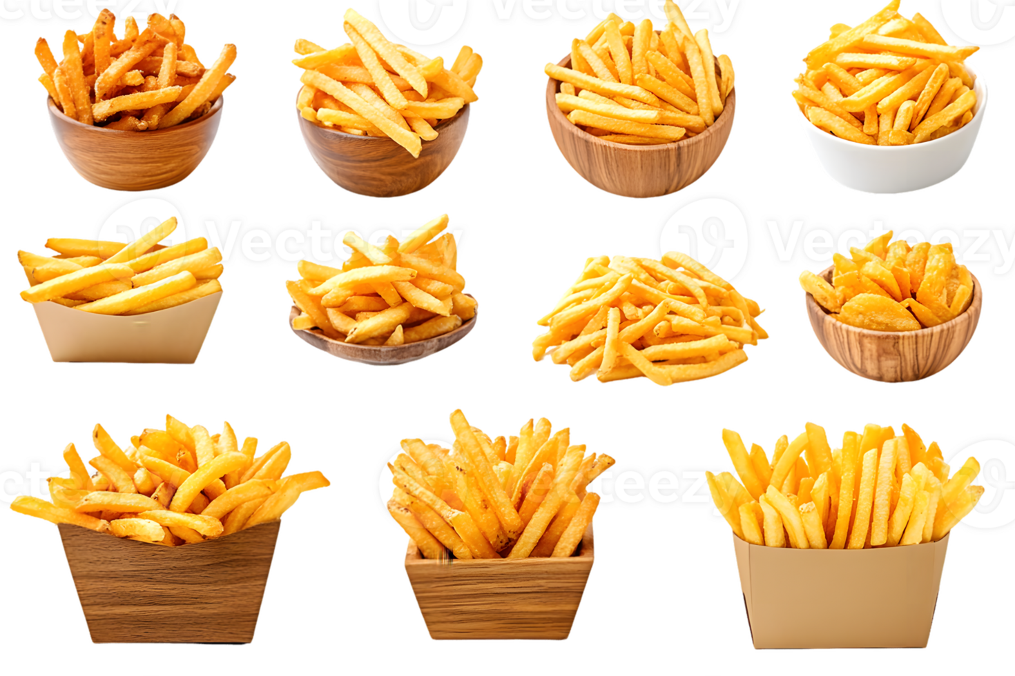 Twelve Servings of French Fries in Assorted Containers png