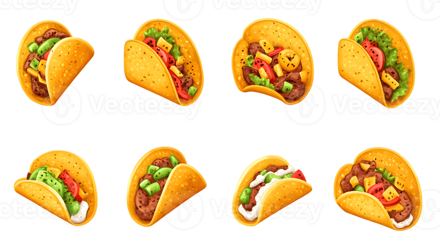 Eight Illustrations of Tacos with Varying Fillings png