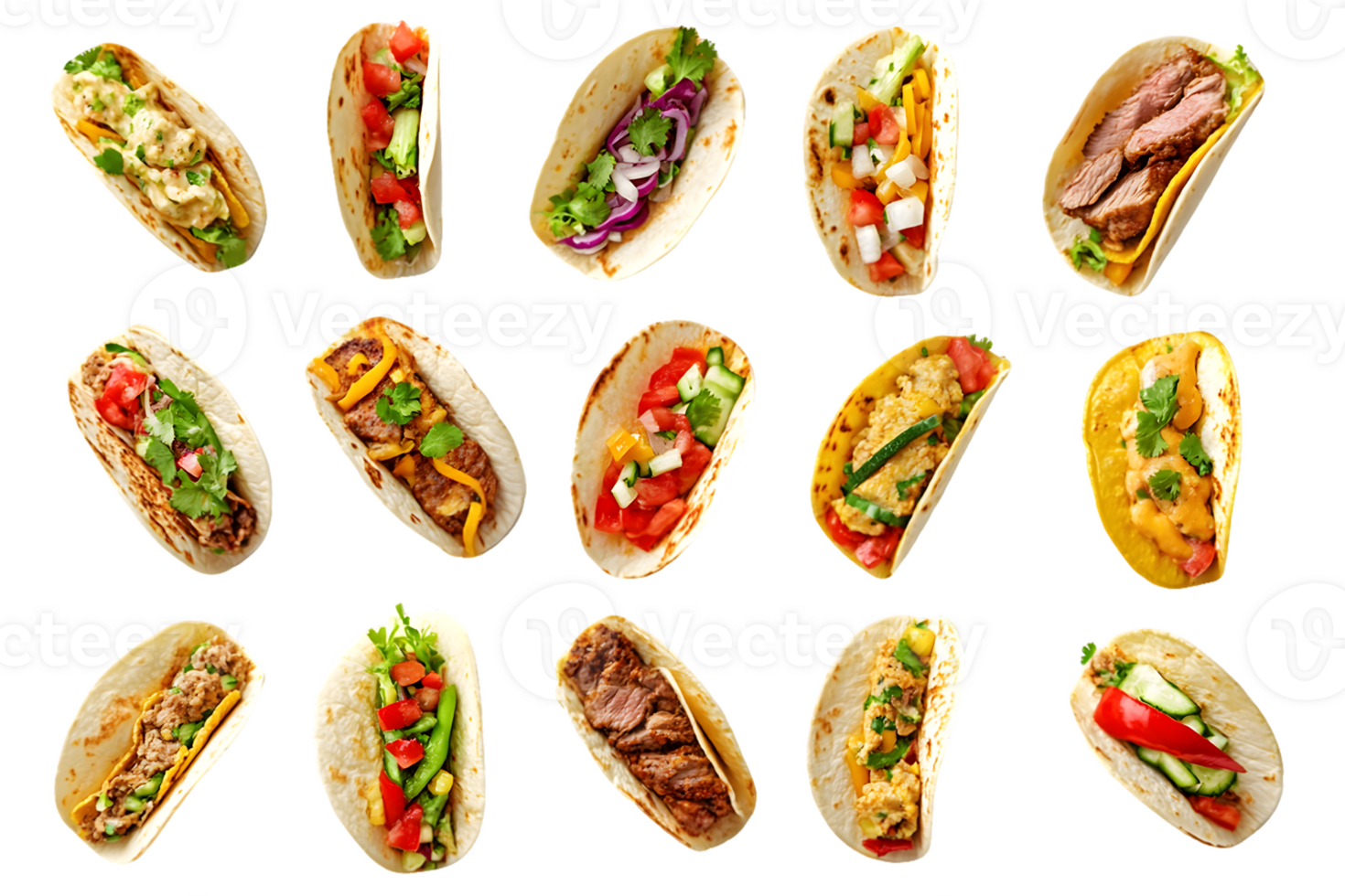 Fifteen Variations of Tacos with Assorted Fillings png