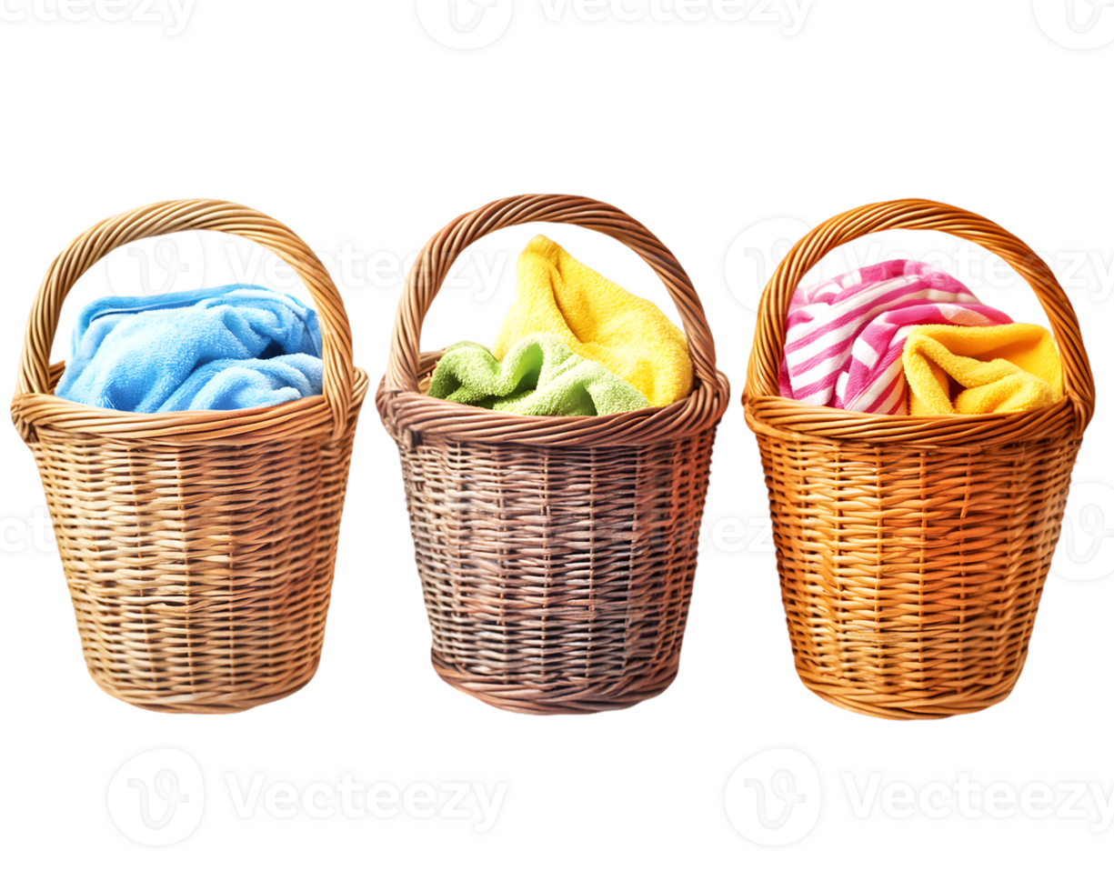 Three Wicker Baskets Containing Folded Towels png