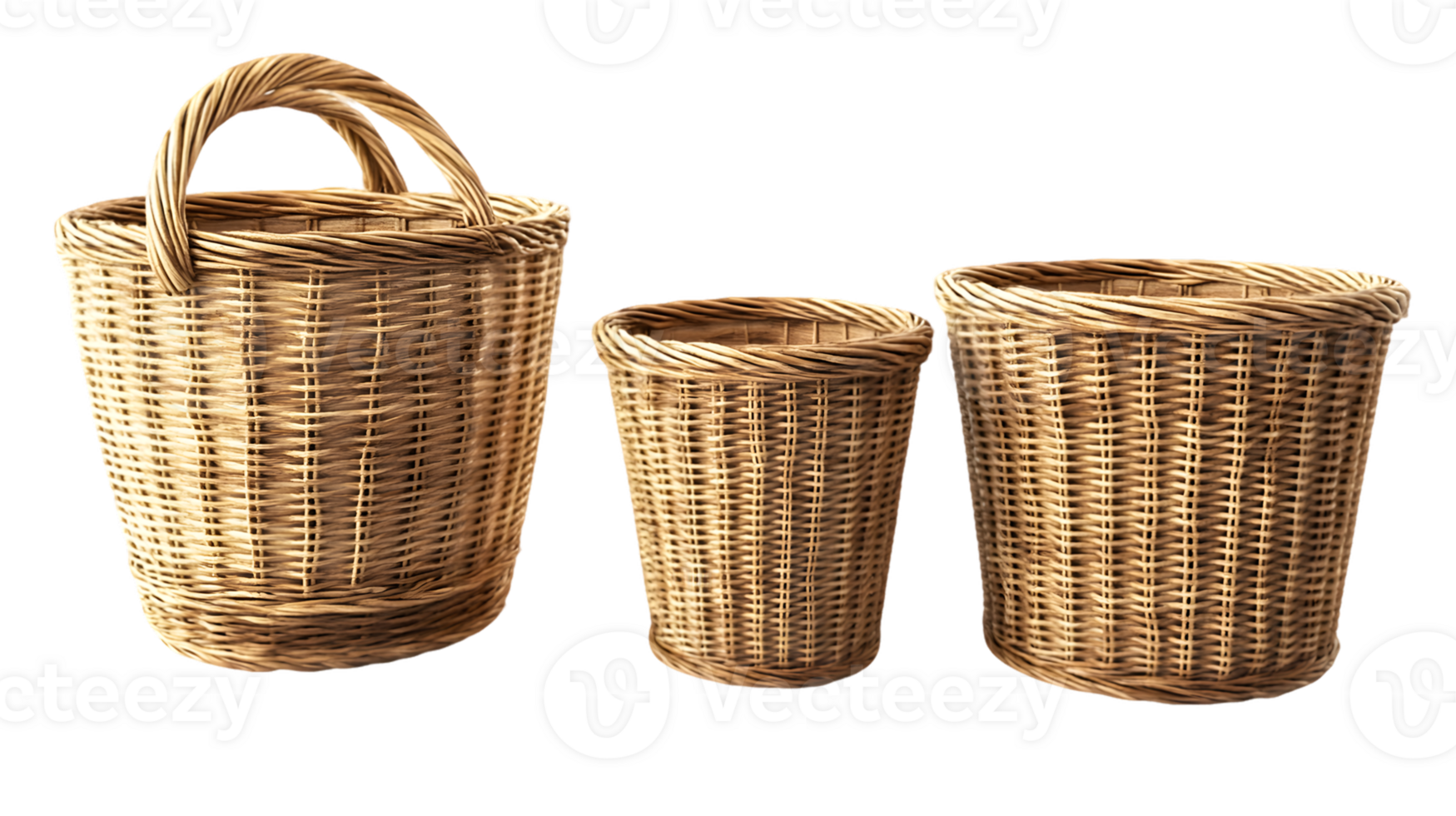 Three Wicker Baskets of Varying Sizes png