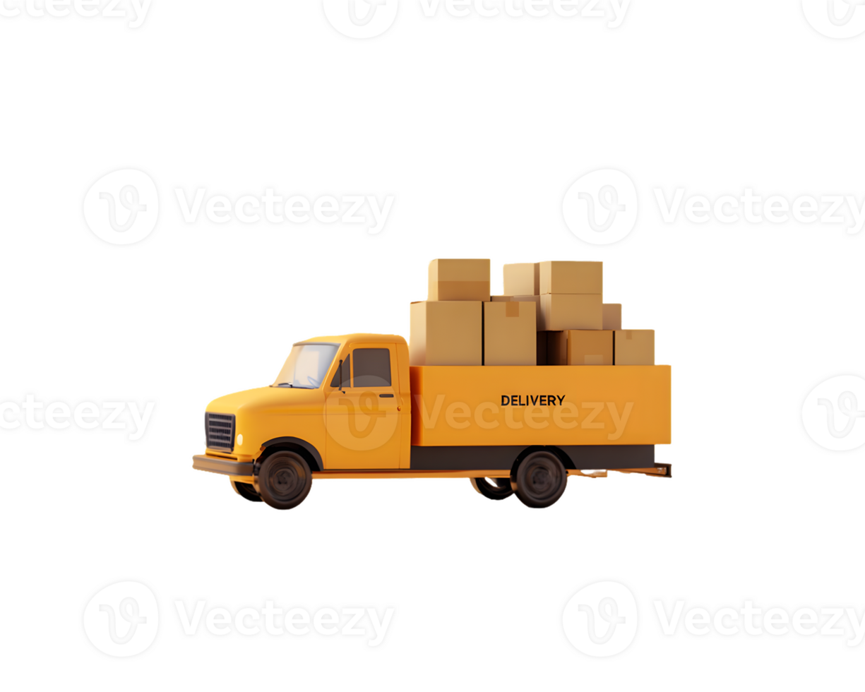 Bright yellow delivery truck loaded with cardboard boxes parked on a flat surface representing logistics and transportation png