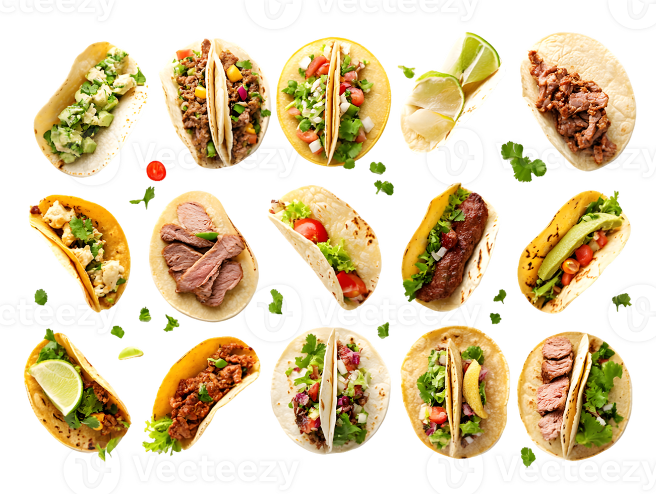 Assortment of Sixteen Tacos with Various Fillings png