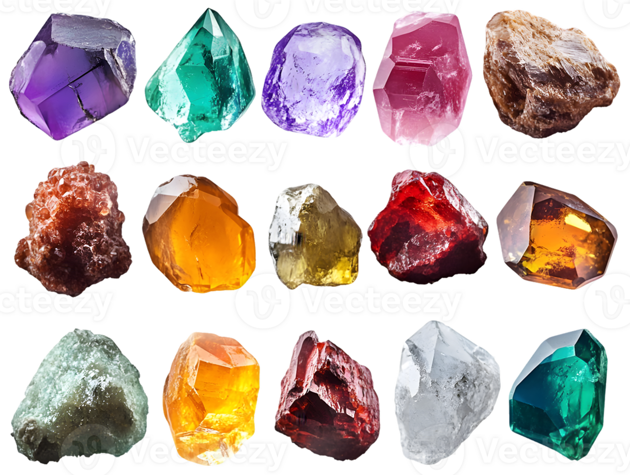Collection of Fifteen Gemstones Varied Colors and Forms png