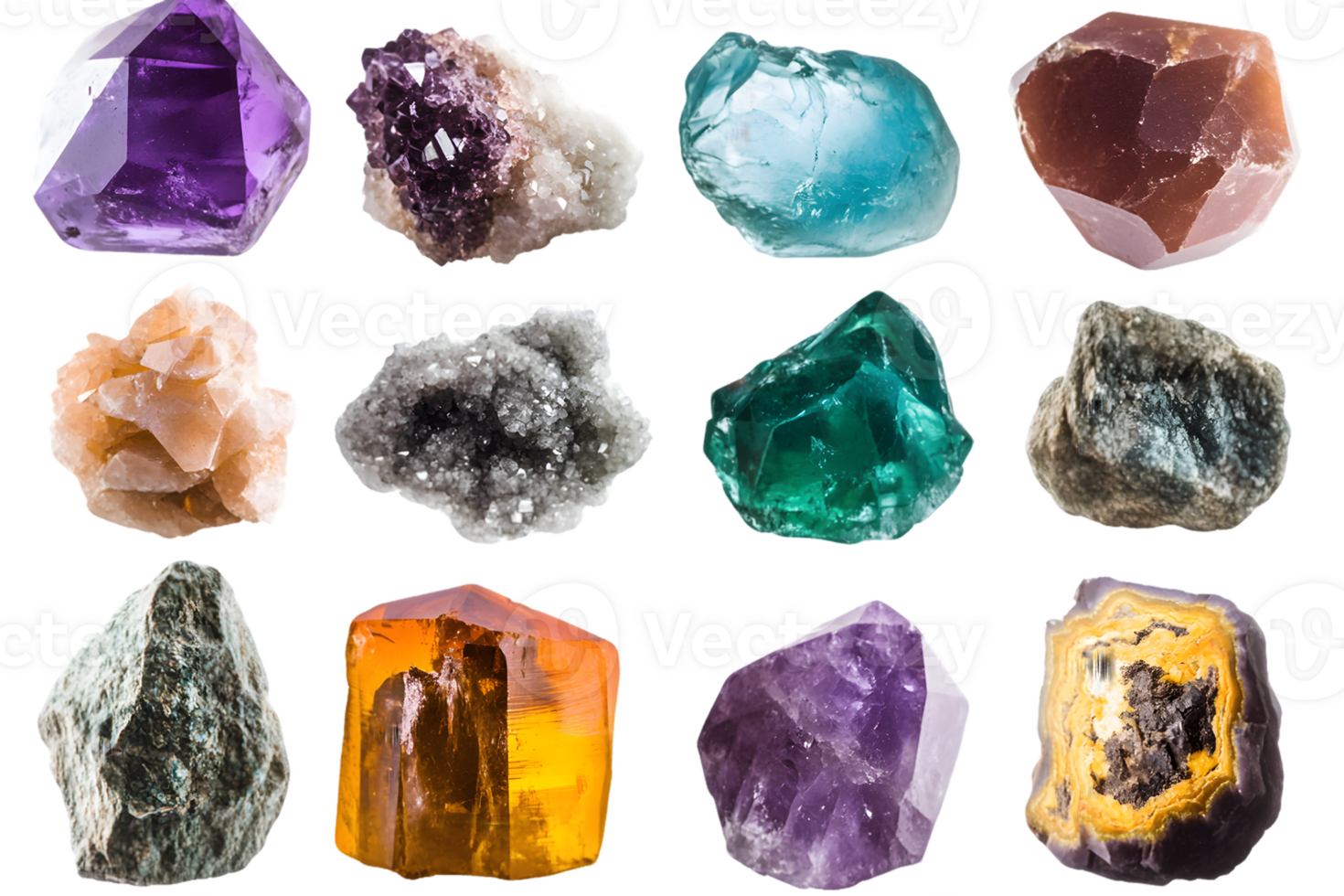 Collection of Twelve Polished and Unpolished Mineral Specimens png