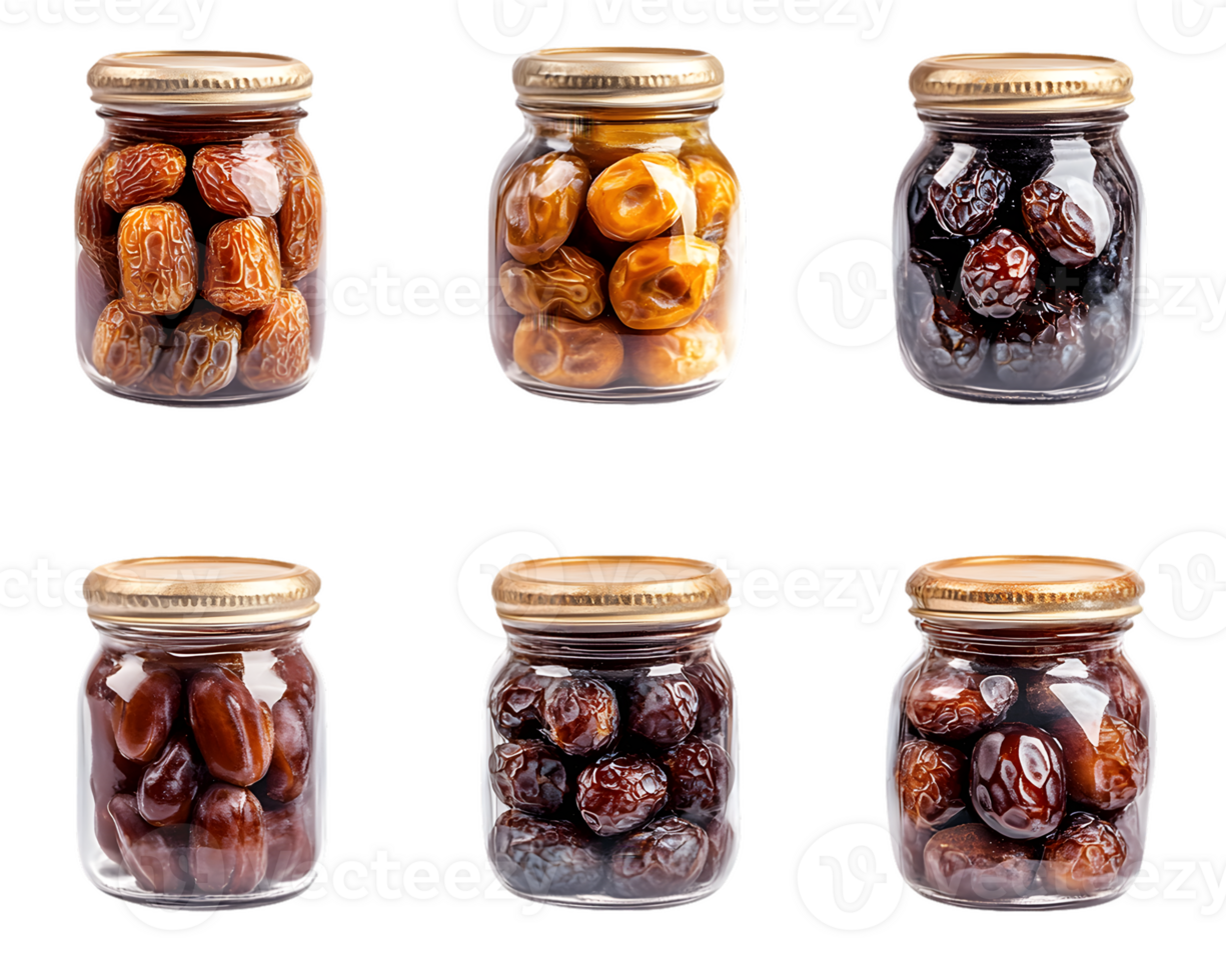 Arrangement of glass jars filled with an assortment of dried fruits showcasing vibrant colors and textures ideal for healthy snacking png