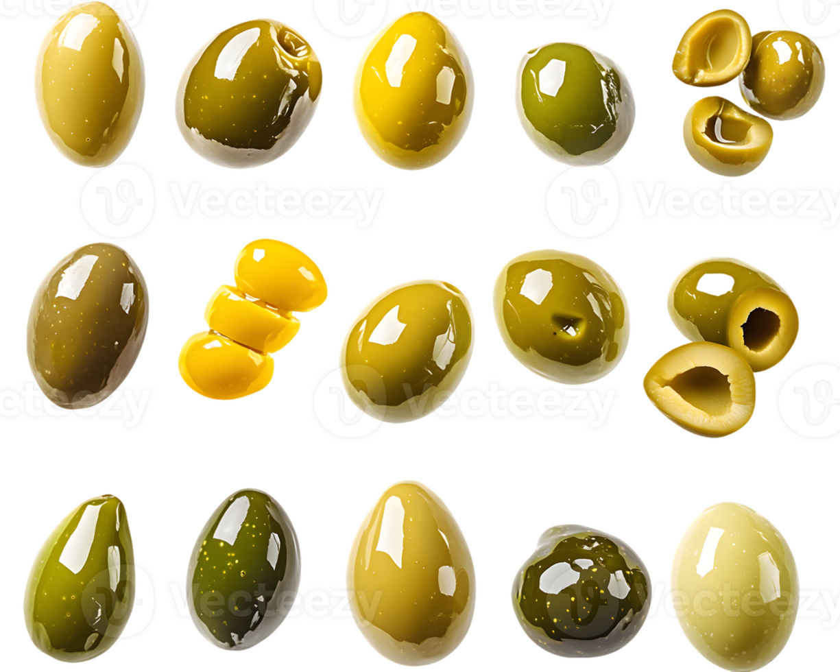 A diverse selection of green and yellow olives displayed artistically highlighting different shapes and textures perfect for culinary use png