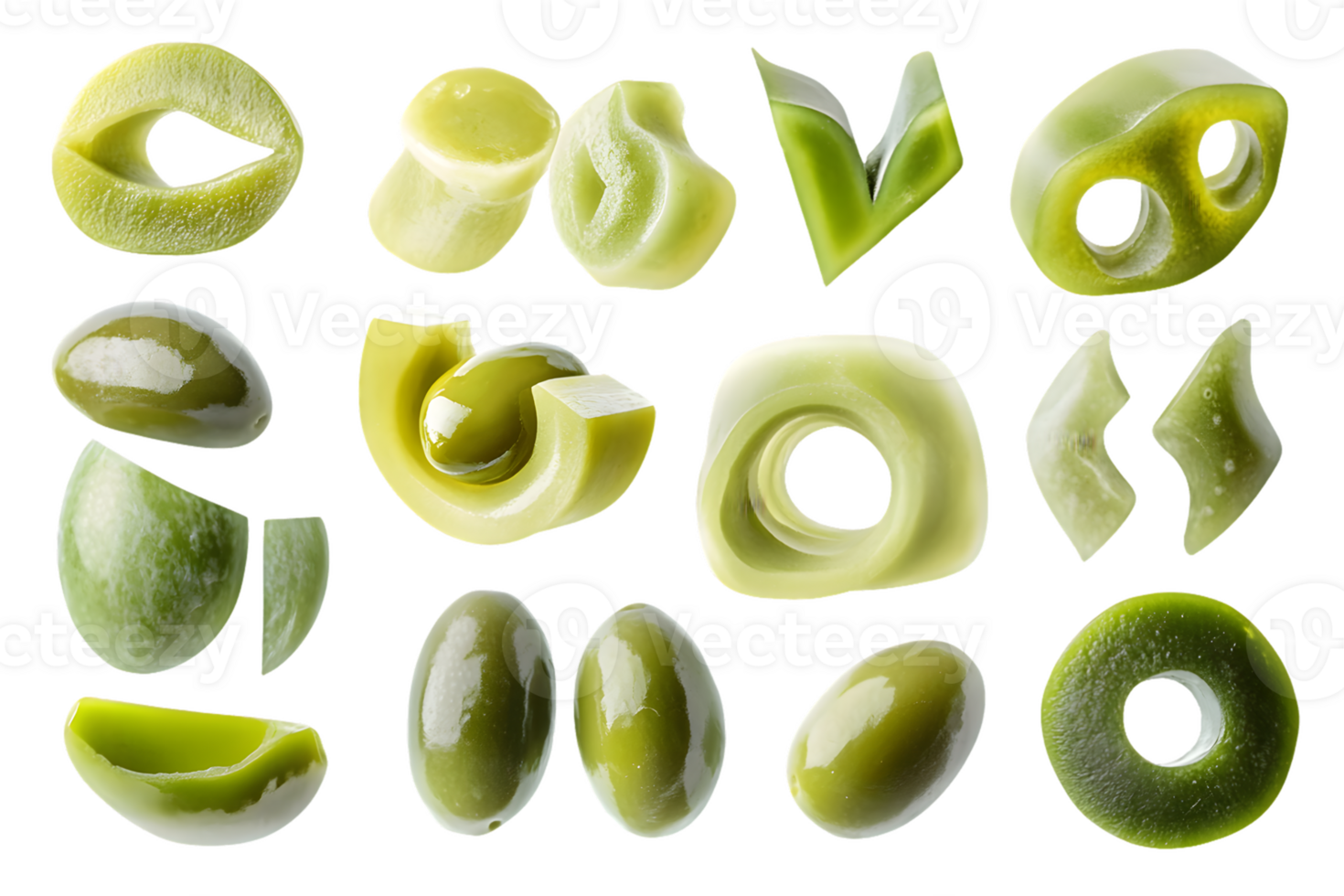 Artistic arrangement of various sliced green olives showcasing their unique shapes and textures on a dark surface for culinary inspiration png