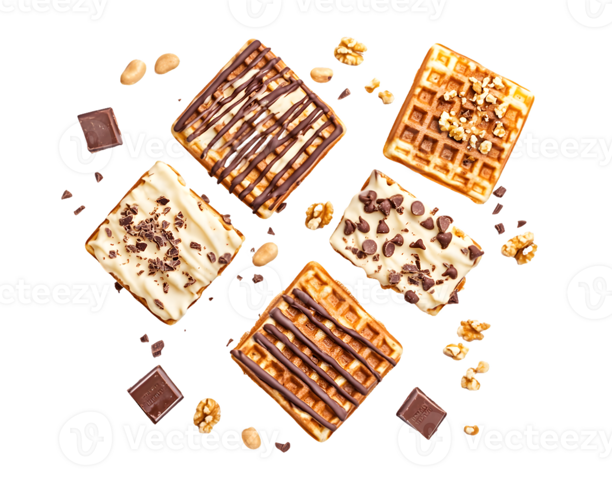 Assortment of delicious waffles topped with rich chocolate and nuts arranged artfully creating a tempting dessert composition png