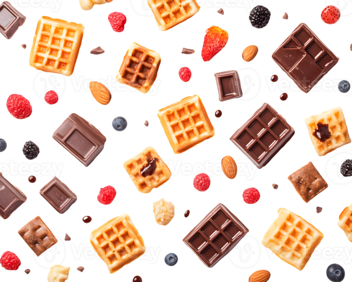 Assortment of delectable waffles and chocolate pieces with fresh berries scattered across dark surface creating tempting dessert display png