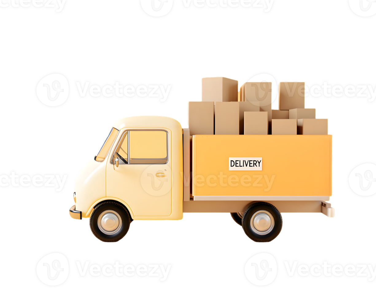 Cheerful small yellow delivery truck filled with cardboard boxes ready for logistics and transportation in a fresh and modern design setting. png