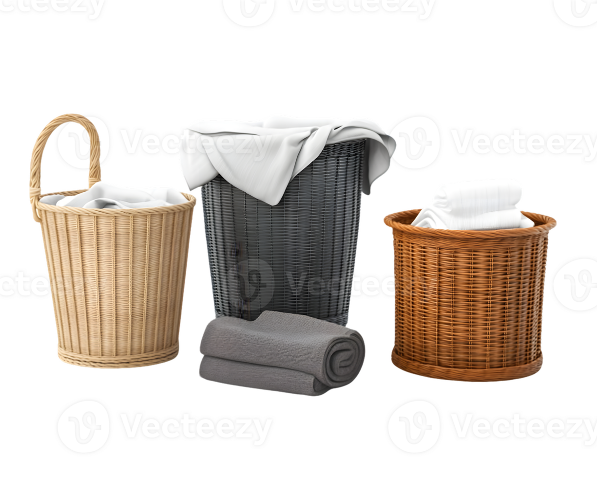 Collection of three woven laundry baskets filled with neatly folded towels in a cozy and organized home setting png