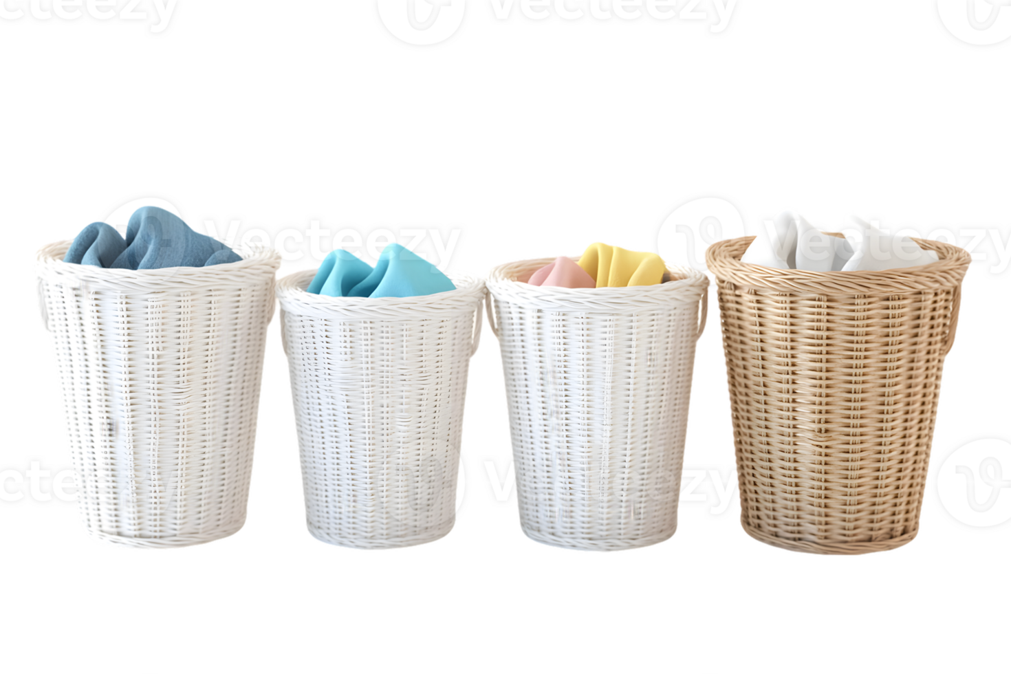 Collection of woven laundry baskets with pastel towels neatly folded for organized and stylish storage in a home setting png