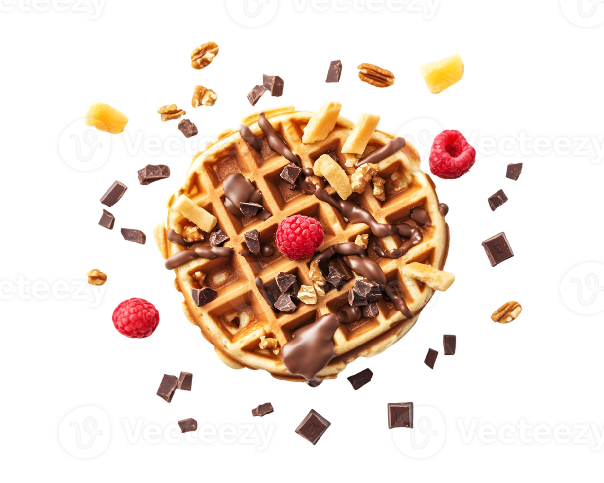Delicious waffle topped with rich chocolate, fresh raspberries, and crunchy nuts surrounded by scattered chocolate pieces and fruit for an inviting breakfast display png