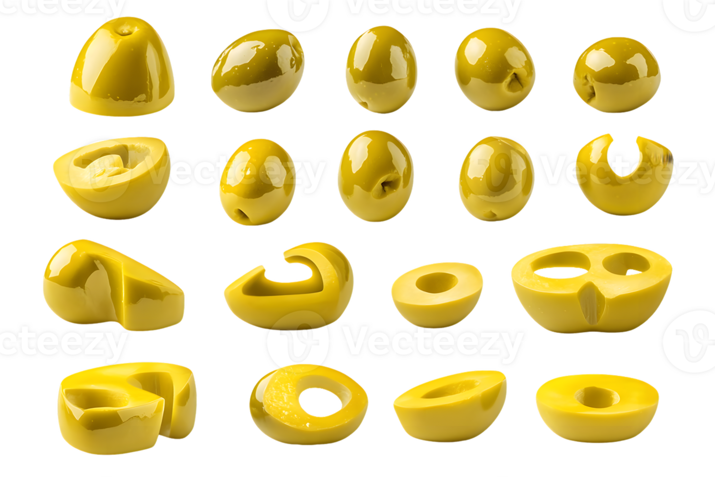 Collection of 16 unique polished yellow abstract forms showcasing diverse designs and glossy finishes arranged in a visually captivating layout. png