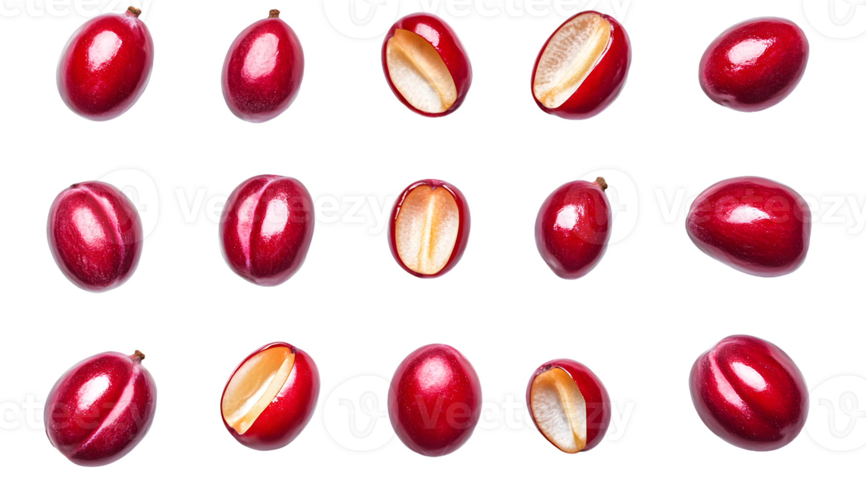 Collection of vibrant red coffee cherries showcasing various ripeness with some whole and halved revealing glossy texture of the fruit on a clean background in an aesthetic arrangement. png