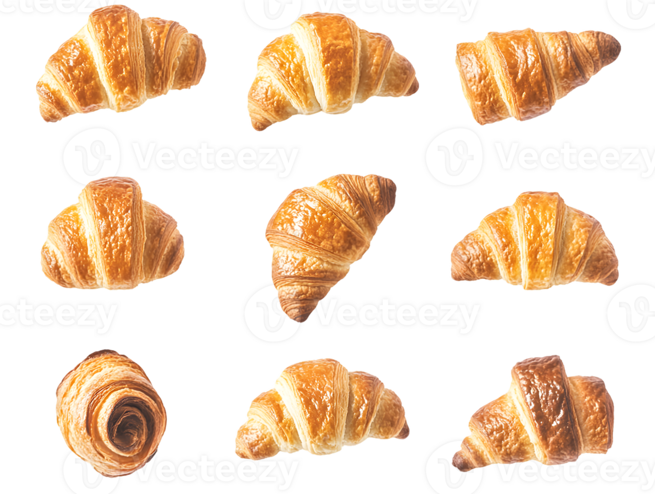 Delightful arrangement of freshly baked golden brown croissants showcasing a variety of shapes and inviting textures perfect for breakfast or a cafe display png