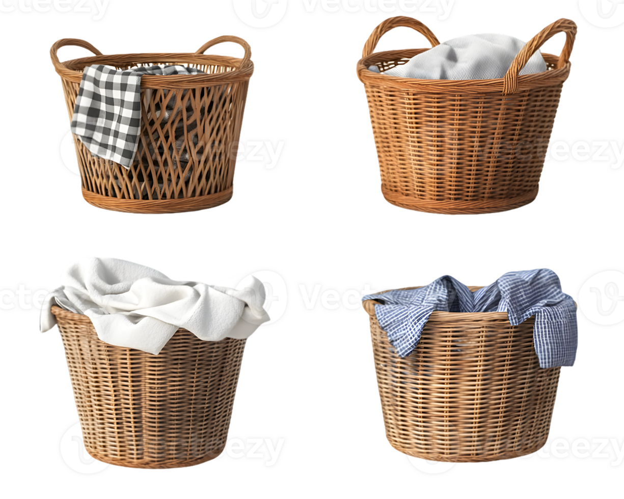 Collection of woven wicker laundry baskets filled with assorted textiles featuring checked and solid patterns in a cozy home setting png