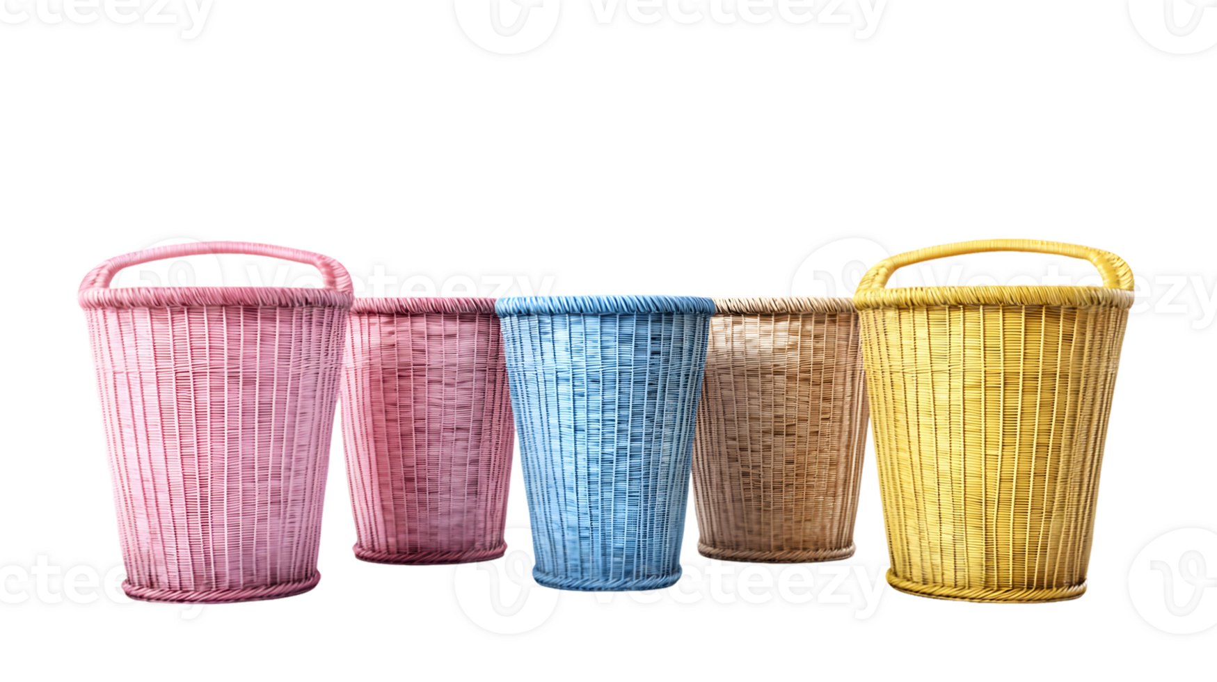 Collection of vibrant woven baskets showcasing intricate craftsmanship in hues of pink, blue, yellow, and natural tones arranged in a decorative display for home organization and style png