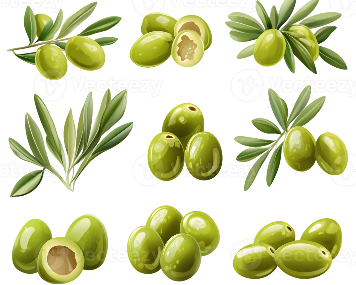 Collection of fresh green olives with glossy texture and vibrant color arranged elegantly showcasing healthy Mediterranean cuisine options png